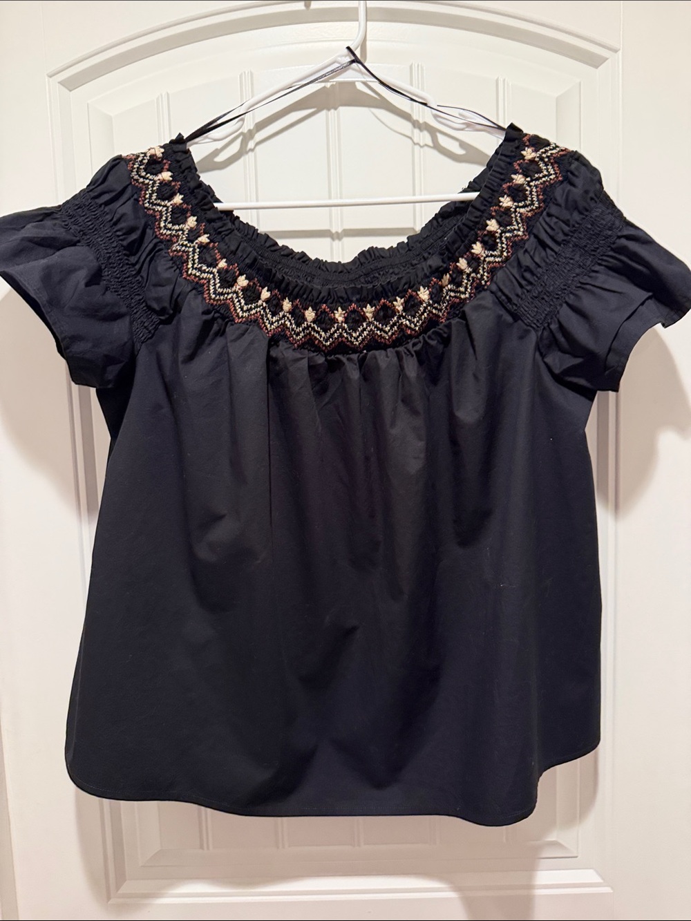 Old Navy Black Off-Shoulder Embroidered Peasant Top